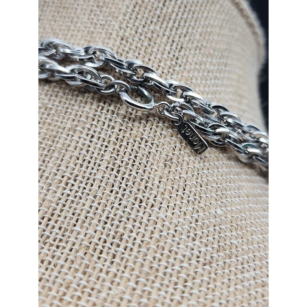 Vintage Monet Double-Link‎ Curb Chain Necklace Silver Tone 54in Signed